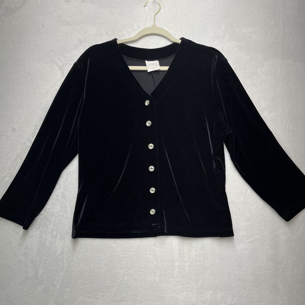 VTG Carol Le Valley Velvet Button Front Blouse Womens Large Black 3/4 Sleeve USA